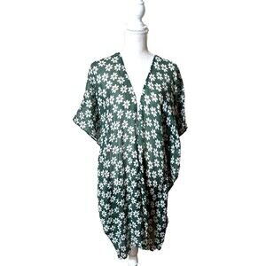 Raj Women's Green/White Floral Kimono Wrap Open Front Cover Up One Size